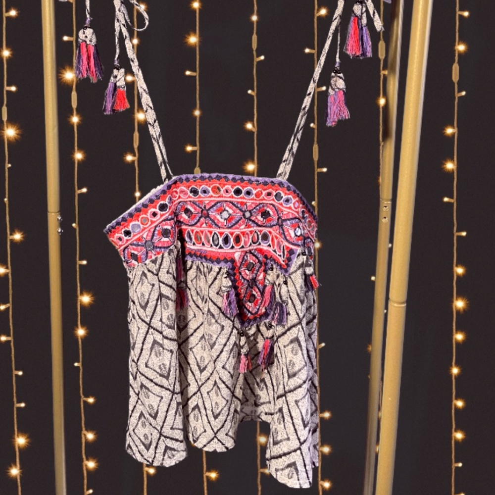 RAGA Boho Mirror Embroidered Tassel Top